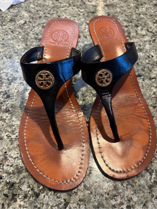 Tory Burch Shoes - Tory Burch Black Leather Thong Sandals with Gold Logo
